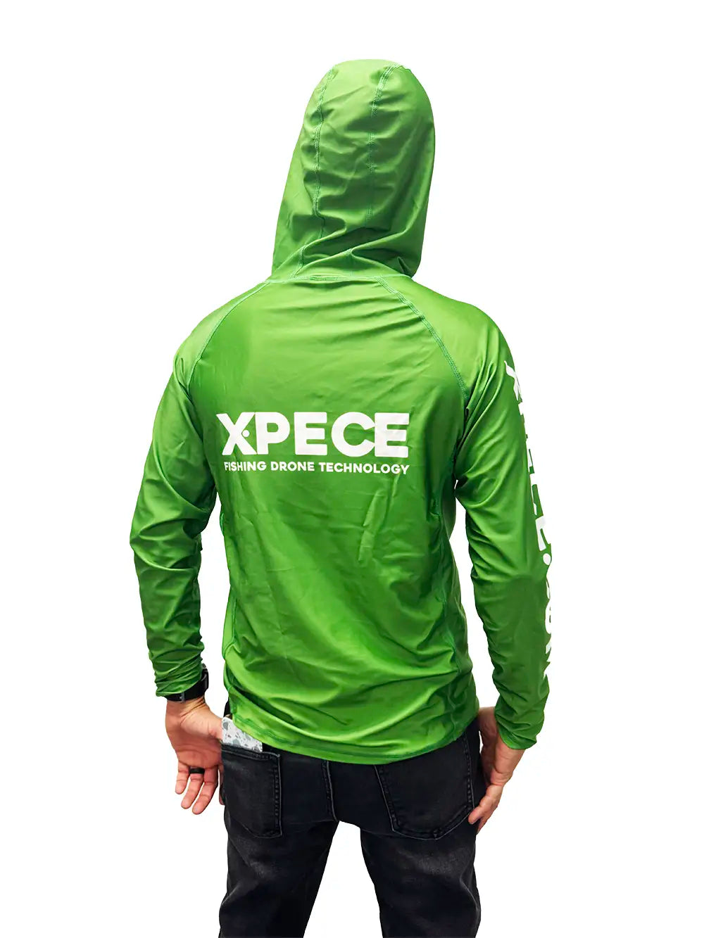 Back view of man wearing XPECE green performance fishing hoodie sun shirt with hood up