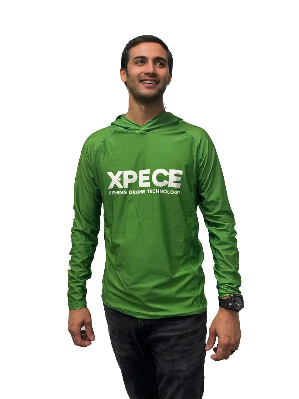 Model wearing XPECE green performance fishing hoodie sun shirt, front view