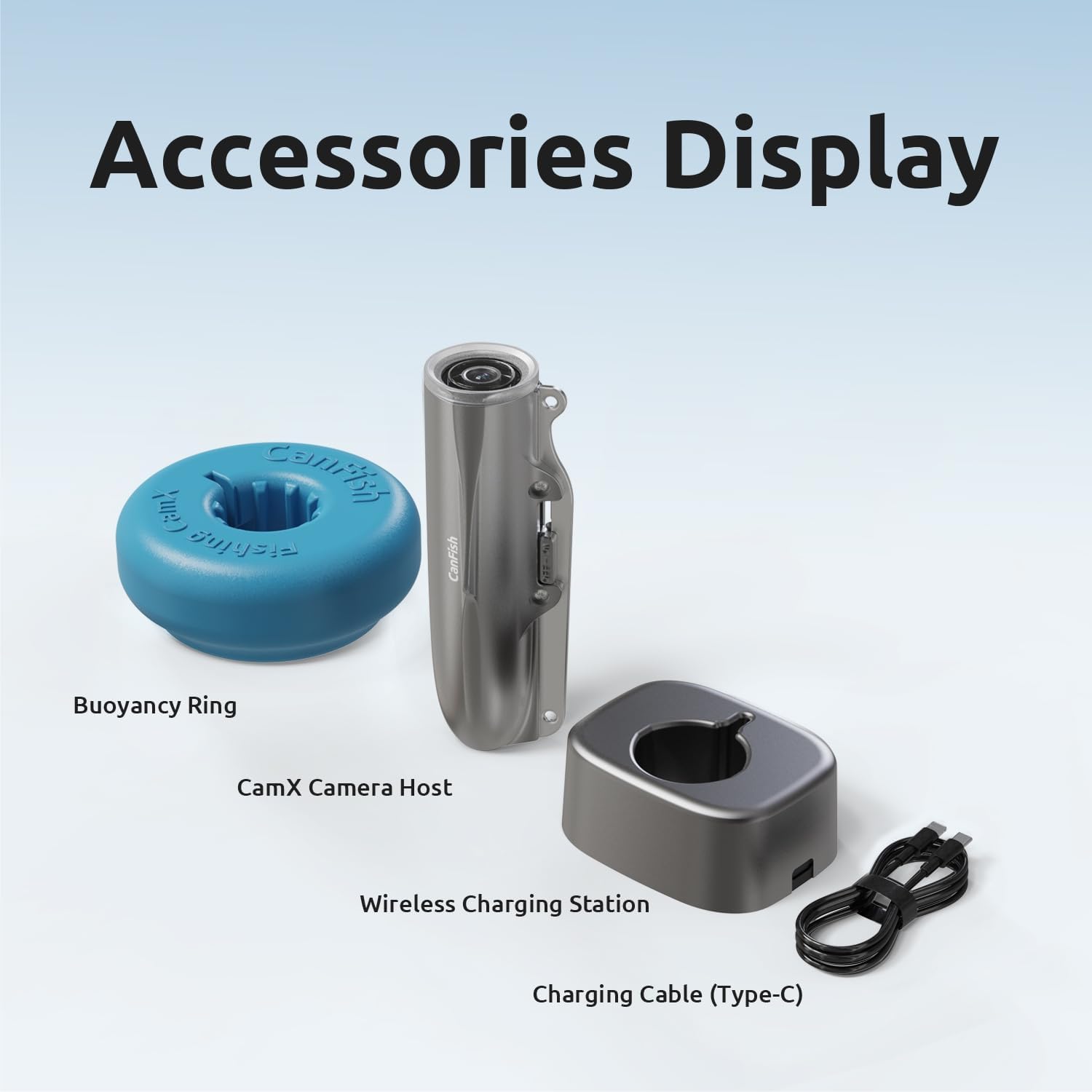 Fishing CamX accessories: buoyancy ring, camera host, wireless charging station, and USB-C charging cable