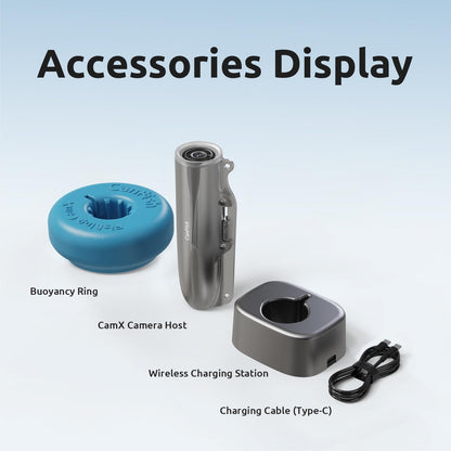 Fishing CamX accessories: buoyancy ring, camera host, wireless charging station, and USB-C charging cable