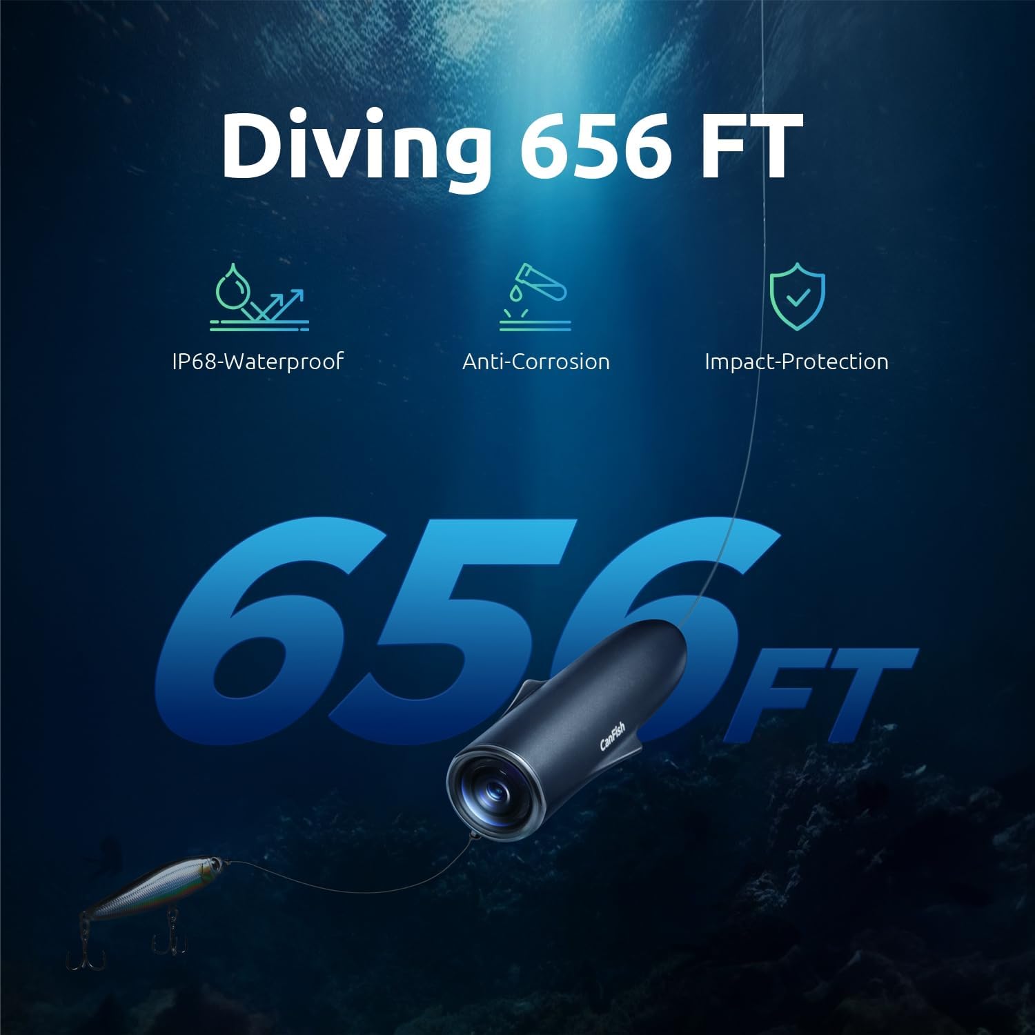 Fishing CamX diving 656 ft with IP68 waterproof, anti-corrosion, and impact protection
