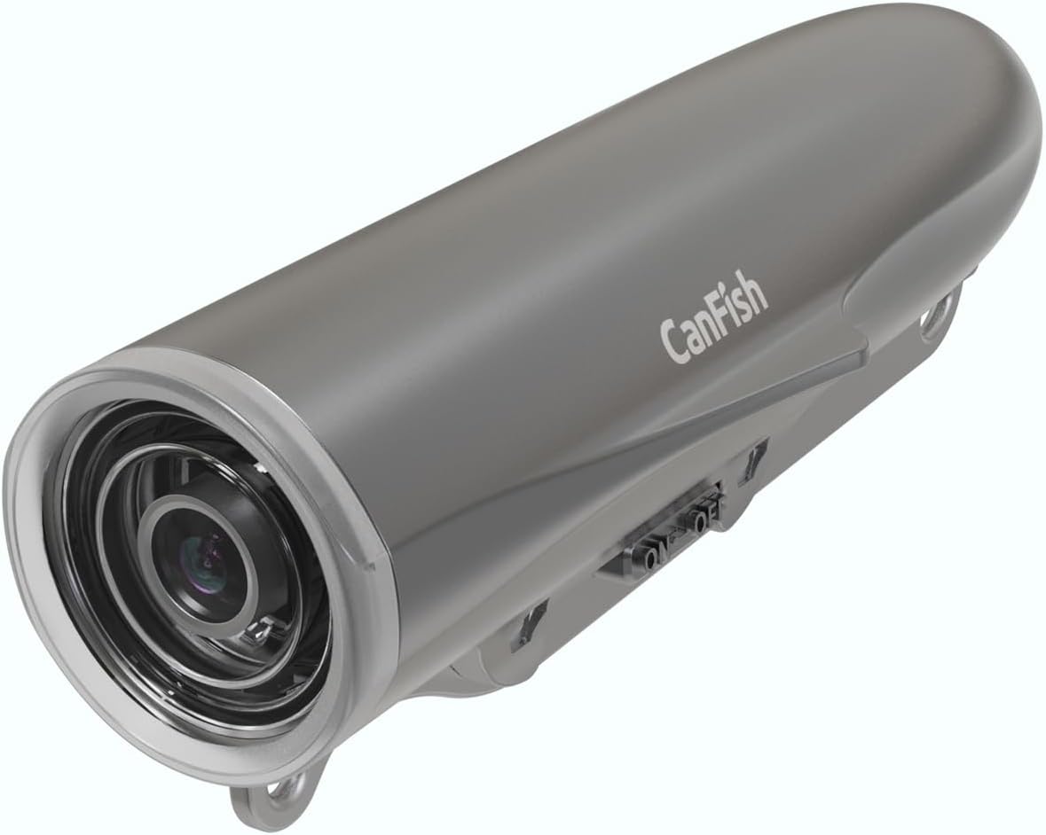 Close-up of CamX CanFish underwater fishing camera with front lens