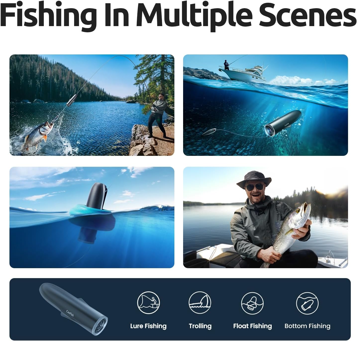 CamX underwater fishing camera shown in multiple fishing scenes: lure, trolling, float, and bottom fishing