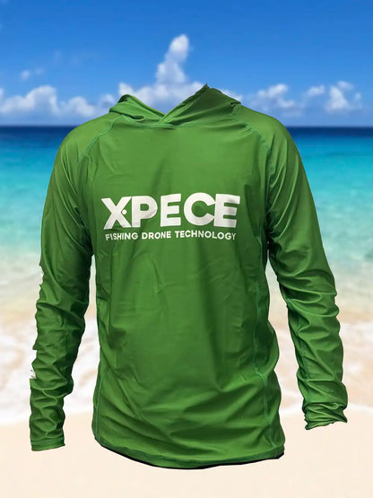 XPECE green performance fishing hoodie sun shirt, front view on beach background