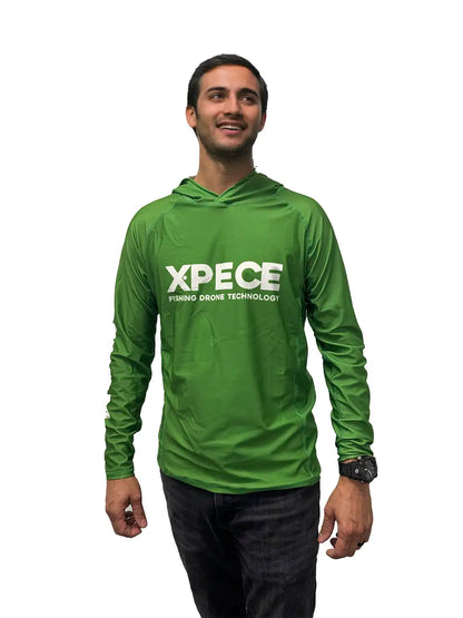 Model wearing XPECE green performance fishing hoodie sun shirt, front view