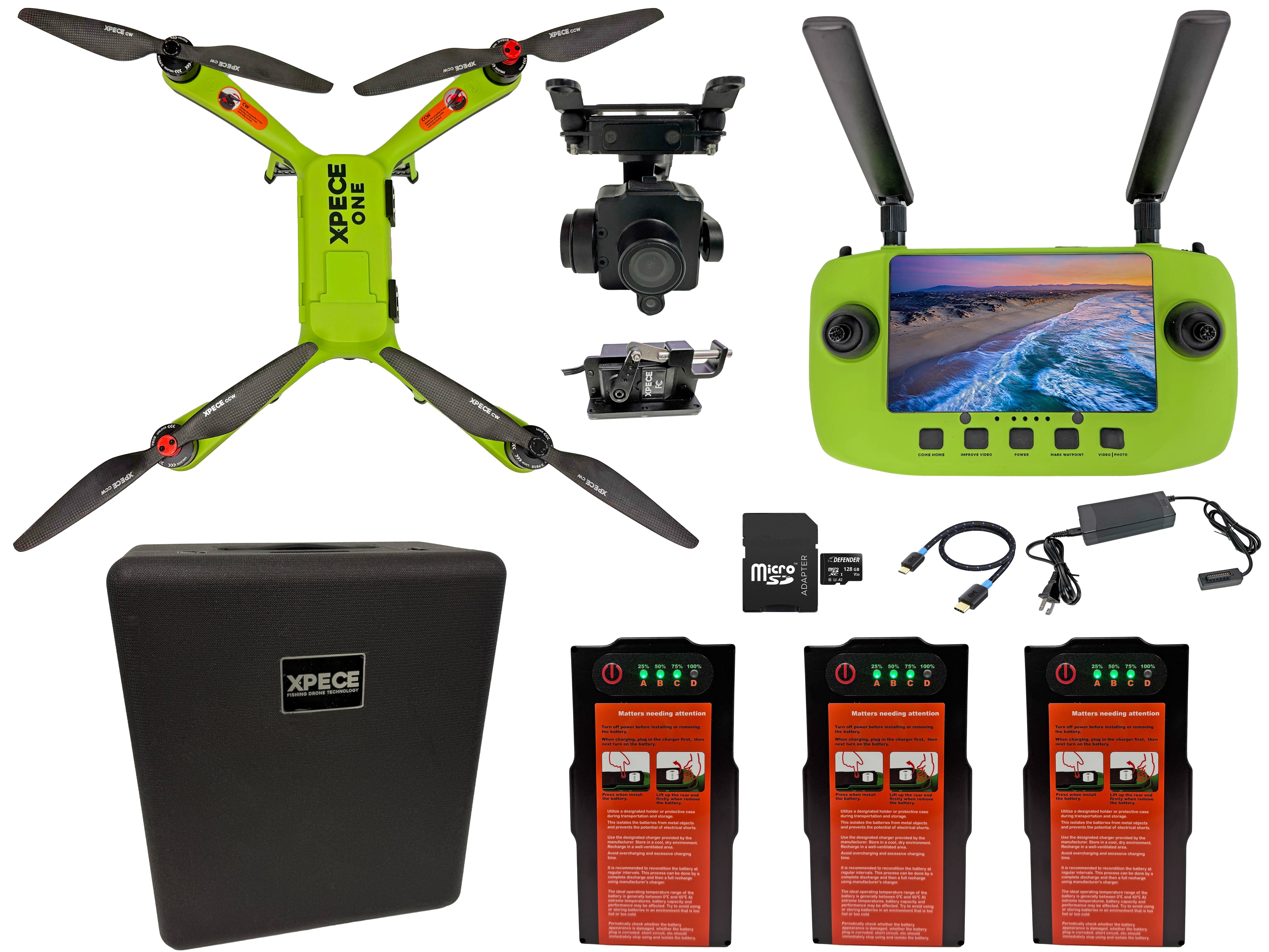 Xpece ONE Fishing Drone Fly More bundle with drone, controller, camera, batteries, case, and accessories