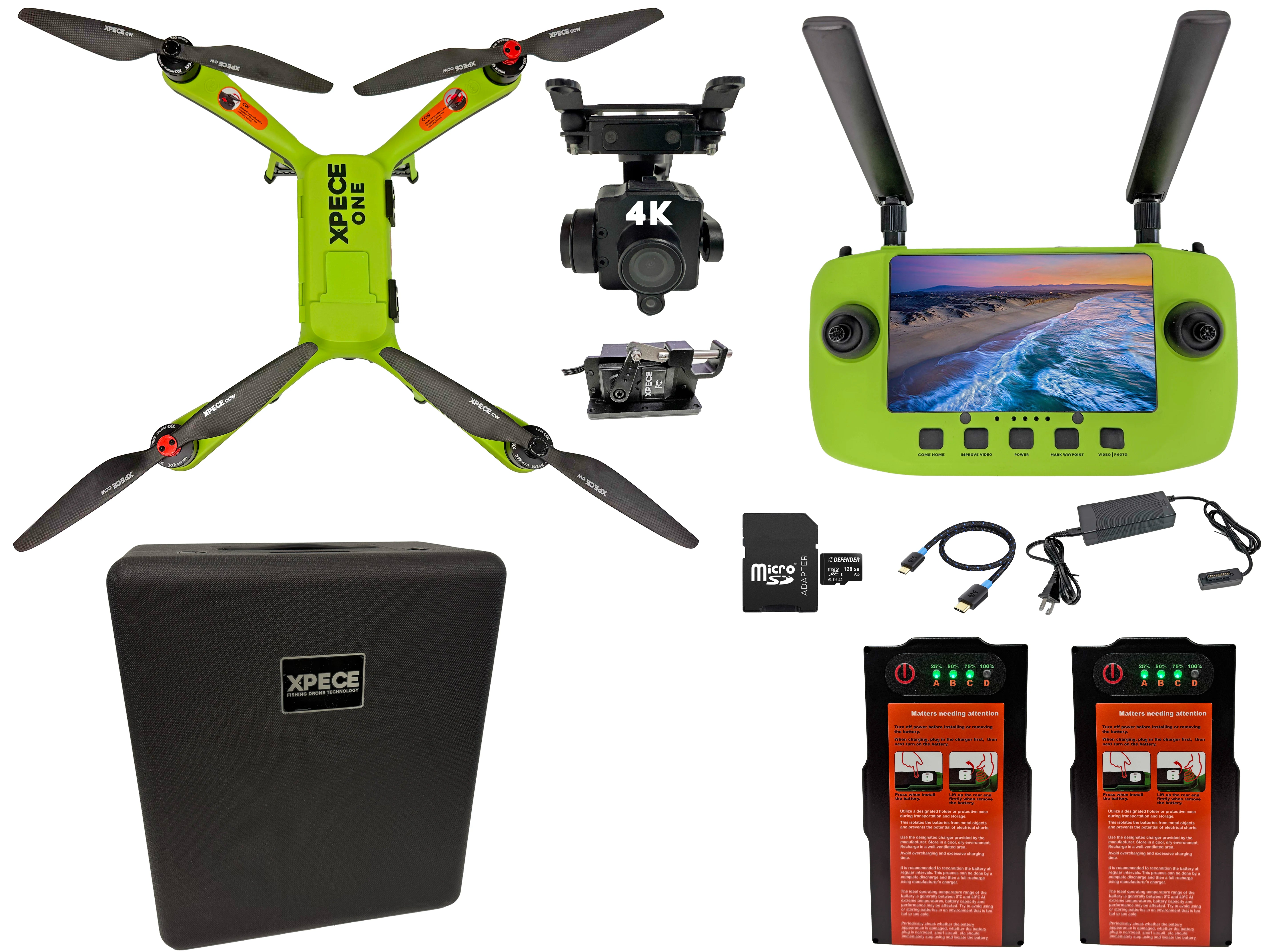 Xpece ONE Fly More bundle with 4K camera, remote controller, hard case, two batteries, charger and microSD adapter