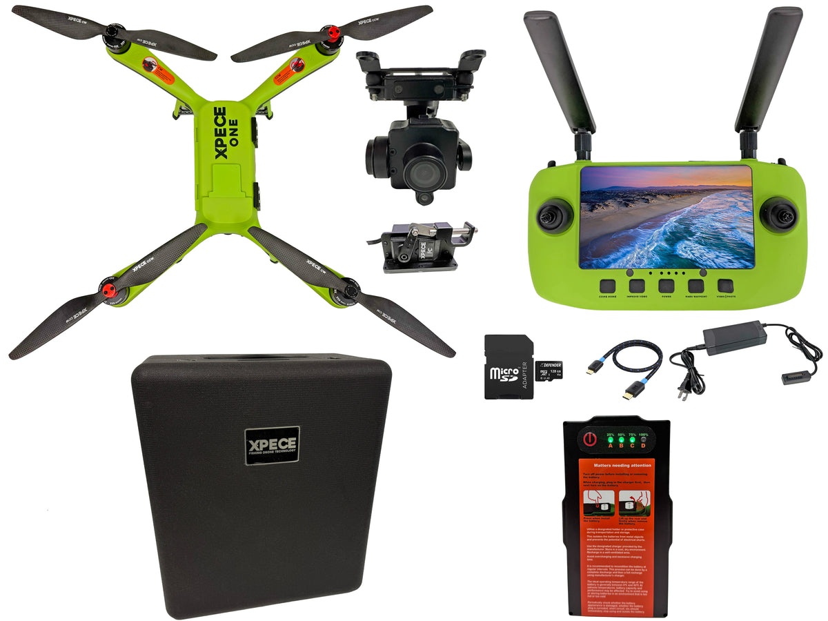 Xpece ONE complete kit — remote, camera, carrying case, and battery