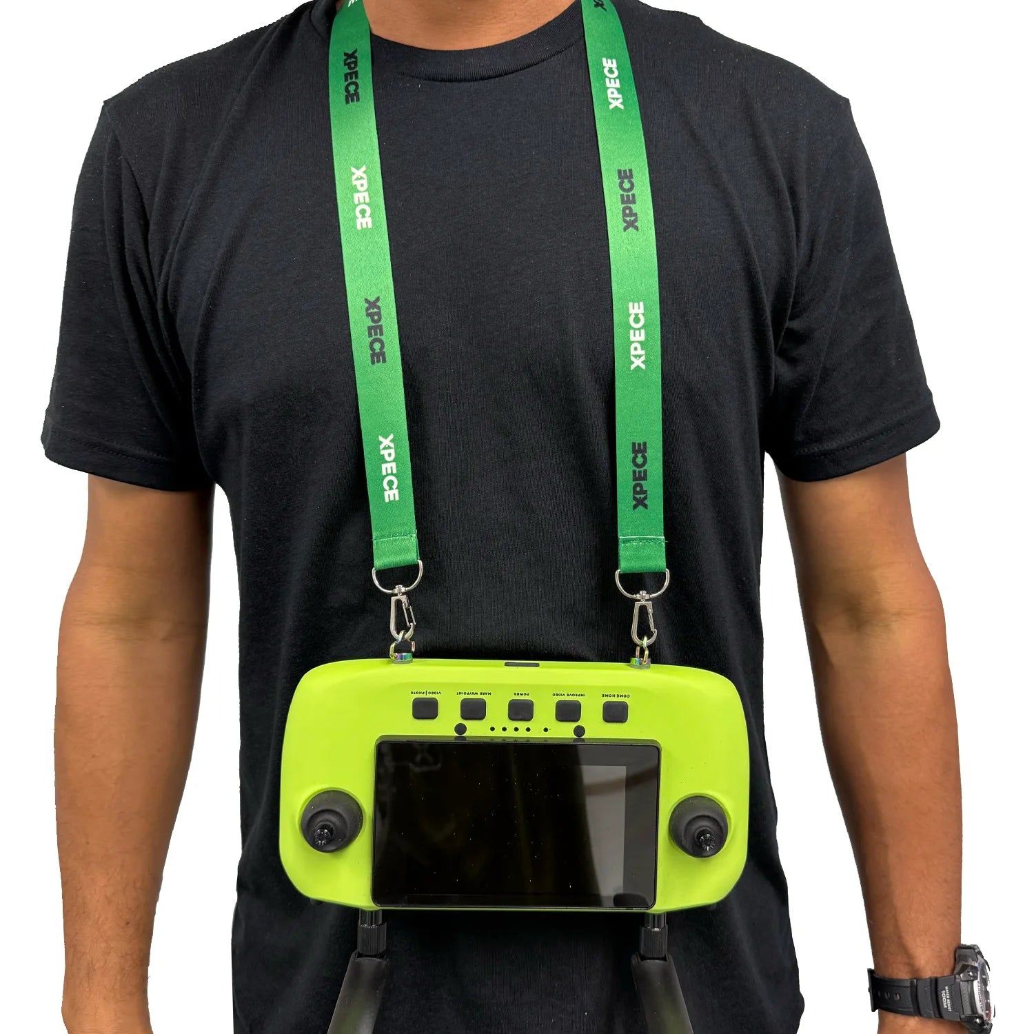 Person wearing XPECE Lanyard Neck Strap with XPECE remote controller on chest
