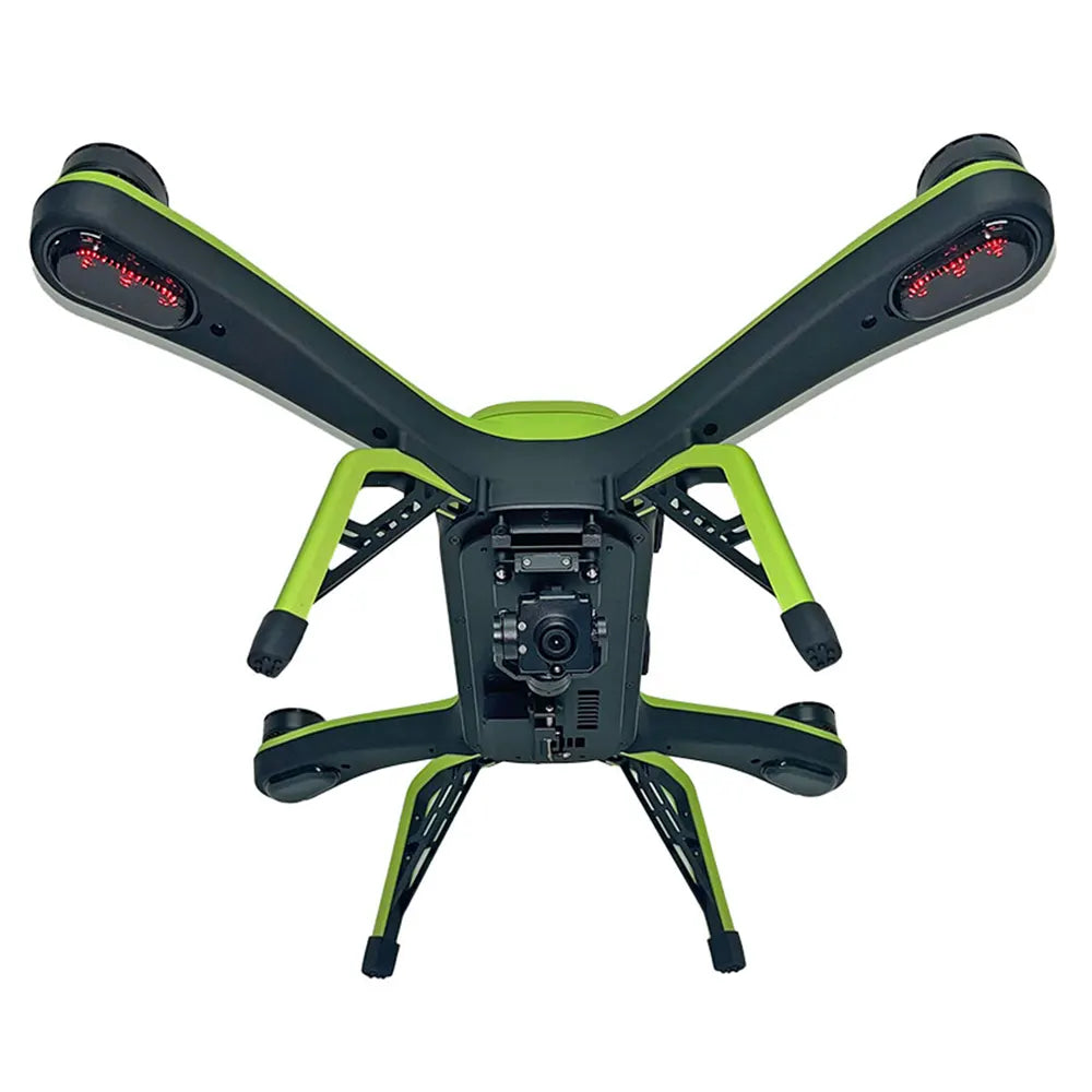 Bottom view of Xpece Rescue Drone showing camera, landing gear, and rear LED lights on white background