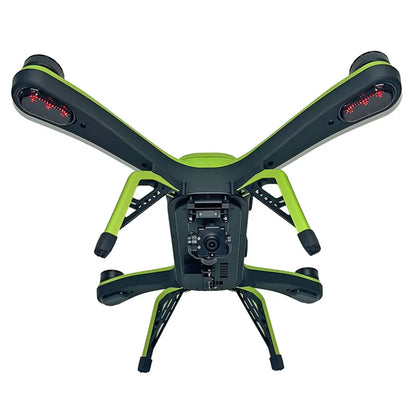 Bottom view of Xpece Rescue Drone showing camera, landing gear, and rear LED lights on white background